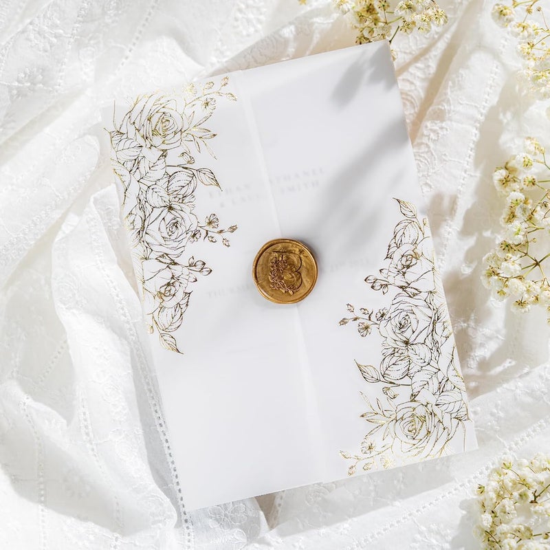 AZAZA 50 Pack Pre-Folded Vellum Jackets for 5x7 Invitations, Gorgeous Translucent Invitation Sleeves,115GSM Vellum Jackets 5x7, Wedding Invitation Accessories,for Weddings Birthdays,Golden Roses - Image 1